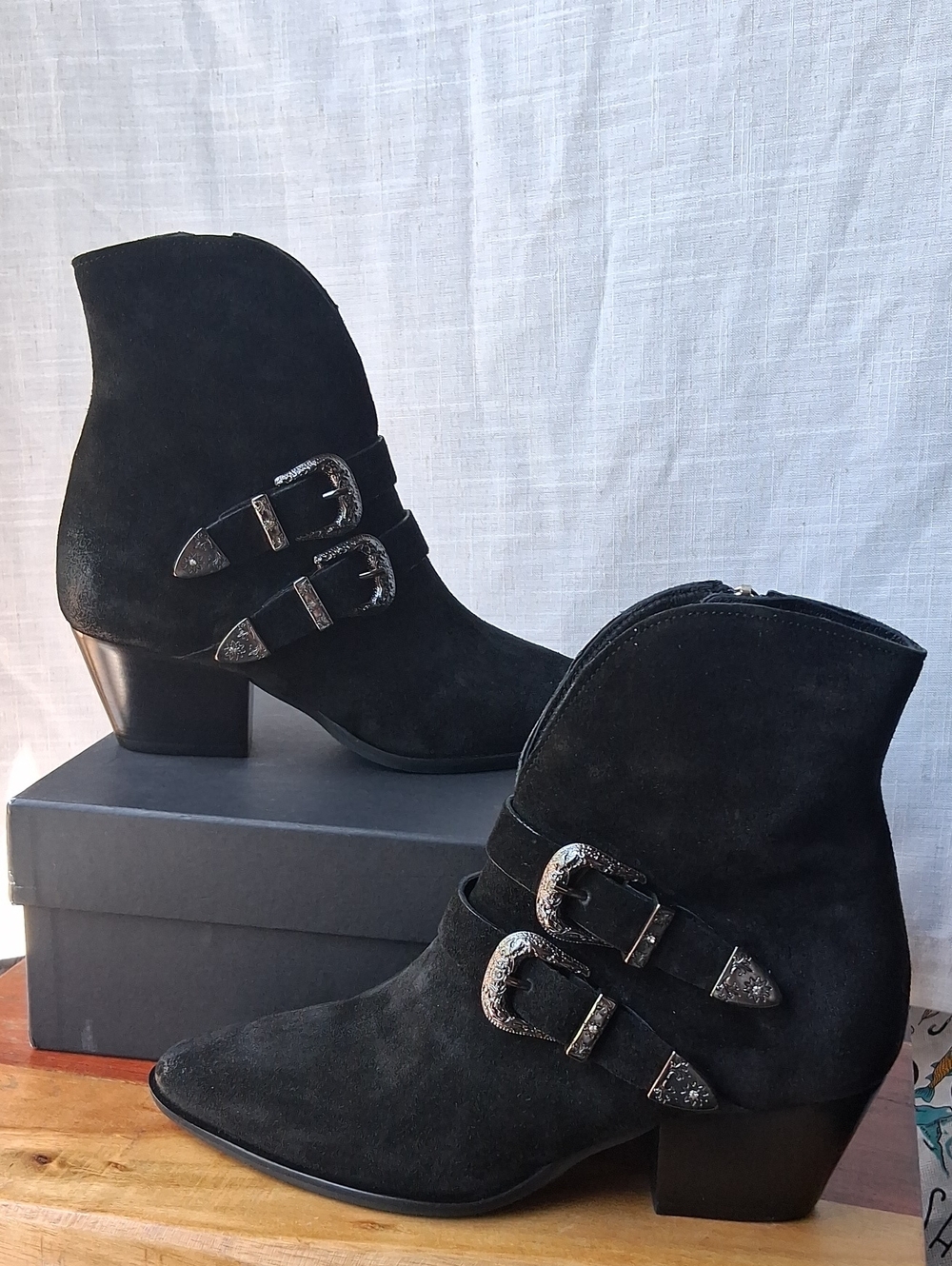 TODAI Western Black Suede Ankle Booties with Buckle Detail EU 37  US 6